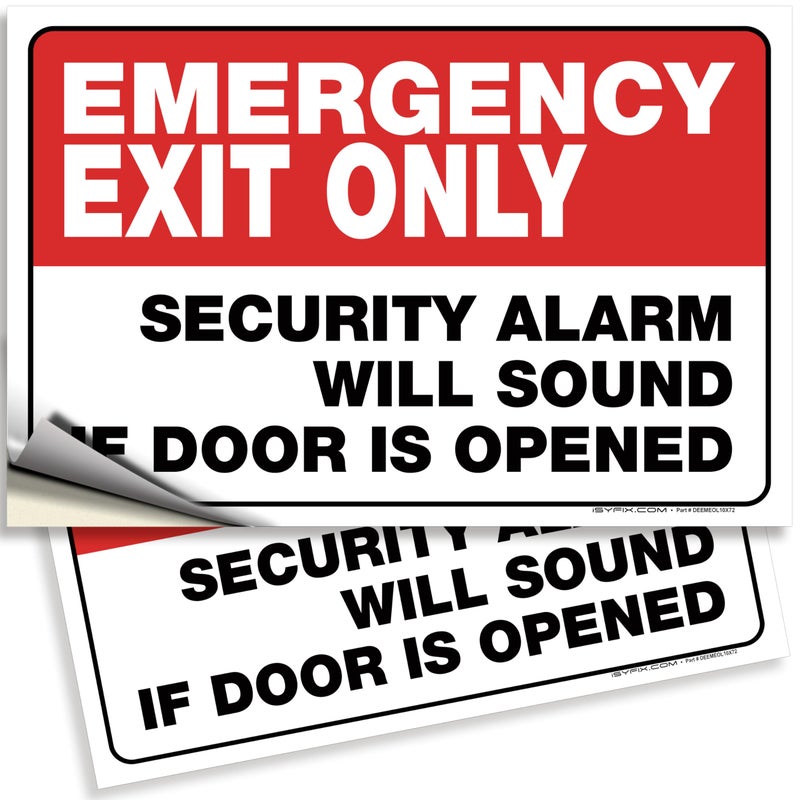iSYFIX Emergency Exit Only Stickers â€“ 2 Pack 10x7 Inch â€“ Premium Self-Adhesive Vinyl, Laminated UV, Weather, Scratch, Water & Fade Resistance, Security Alarm Will Sound if Door is Opened Signs - Image 1